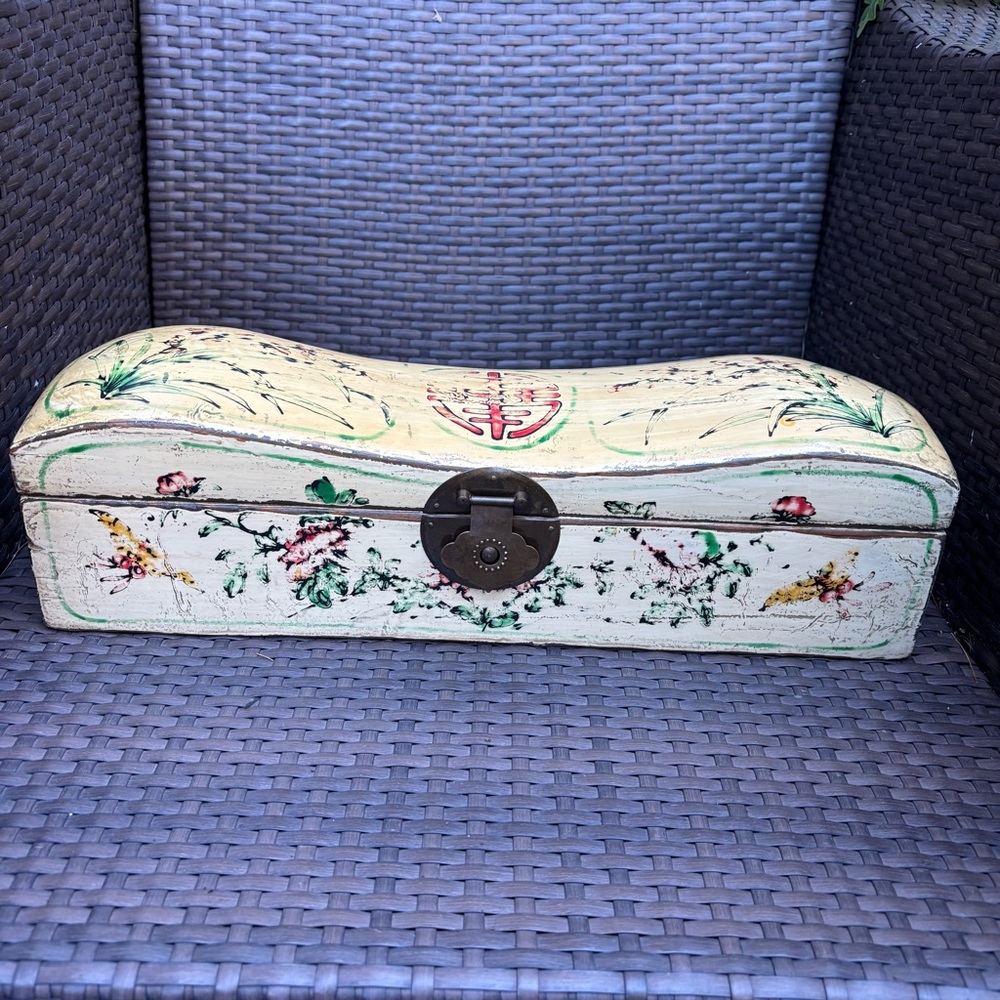Antique Chinese Wooden Jewelry Pillow Box Floral Decorative Box